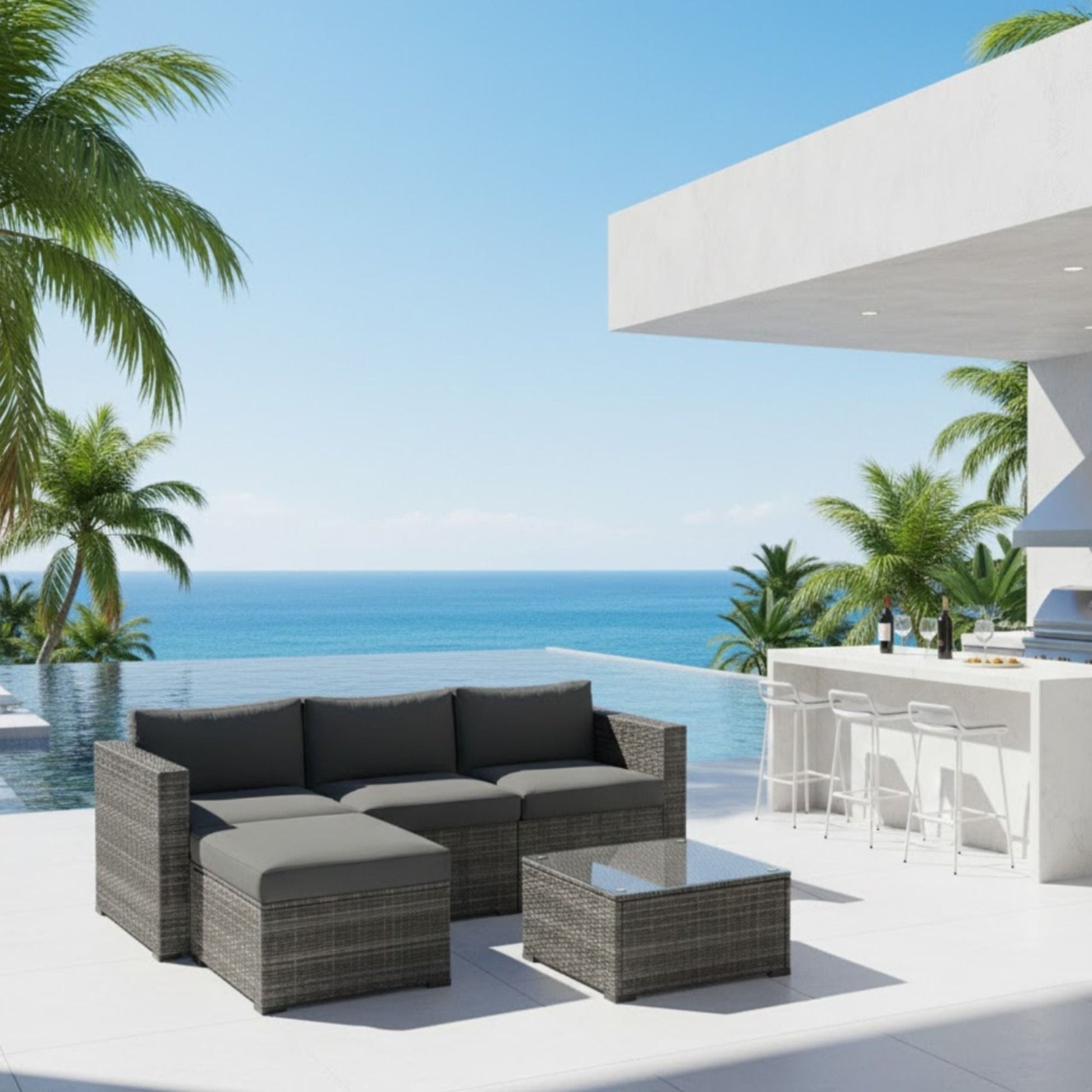 Modern Patio Set With Coffee Table HouseOfZazla dark wicker sectional with gray cushions on Tampa Home & Garden Store