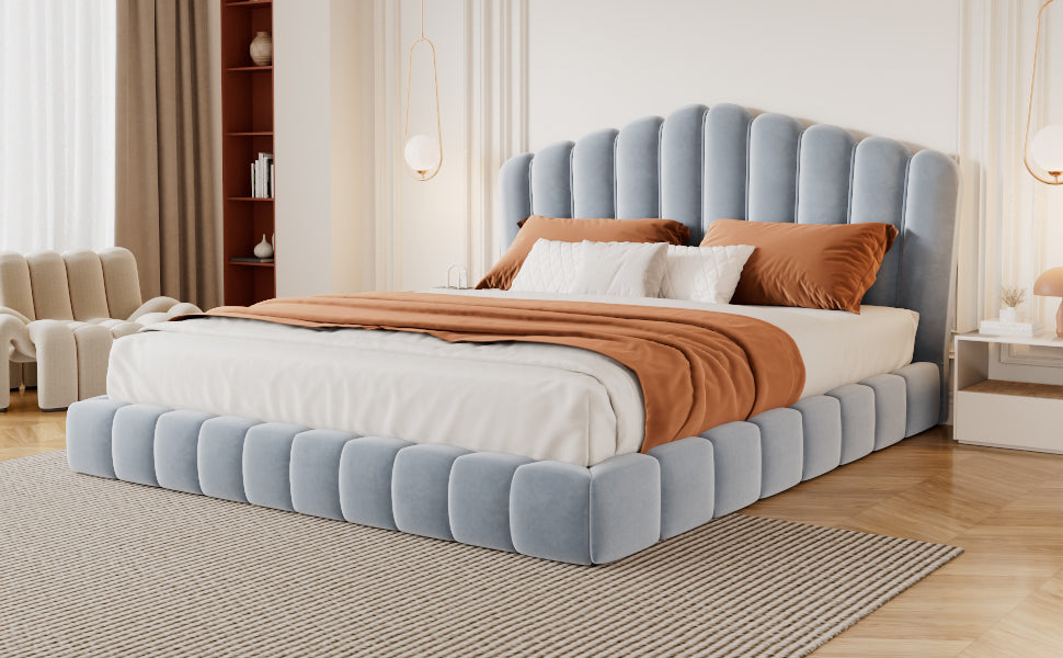 Velvet Upholstered Queen Bed with Shell Headboard