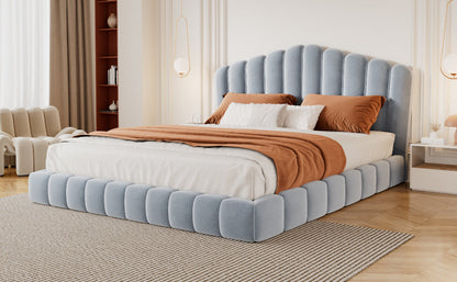 Velvet Upholstered Queen Bed with Shell Headboard