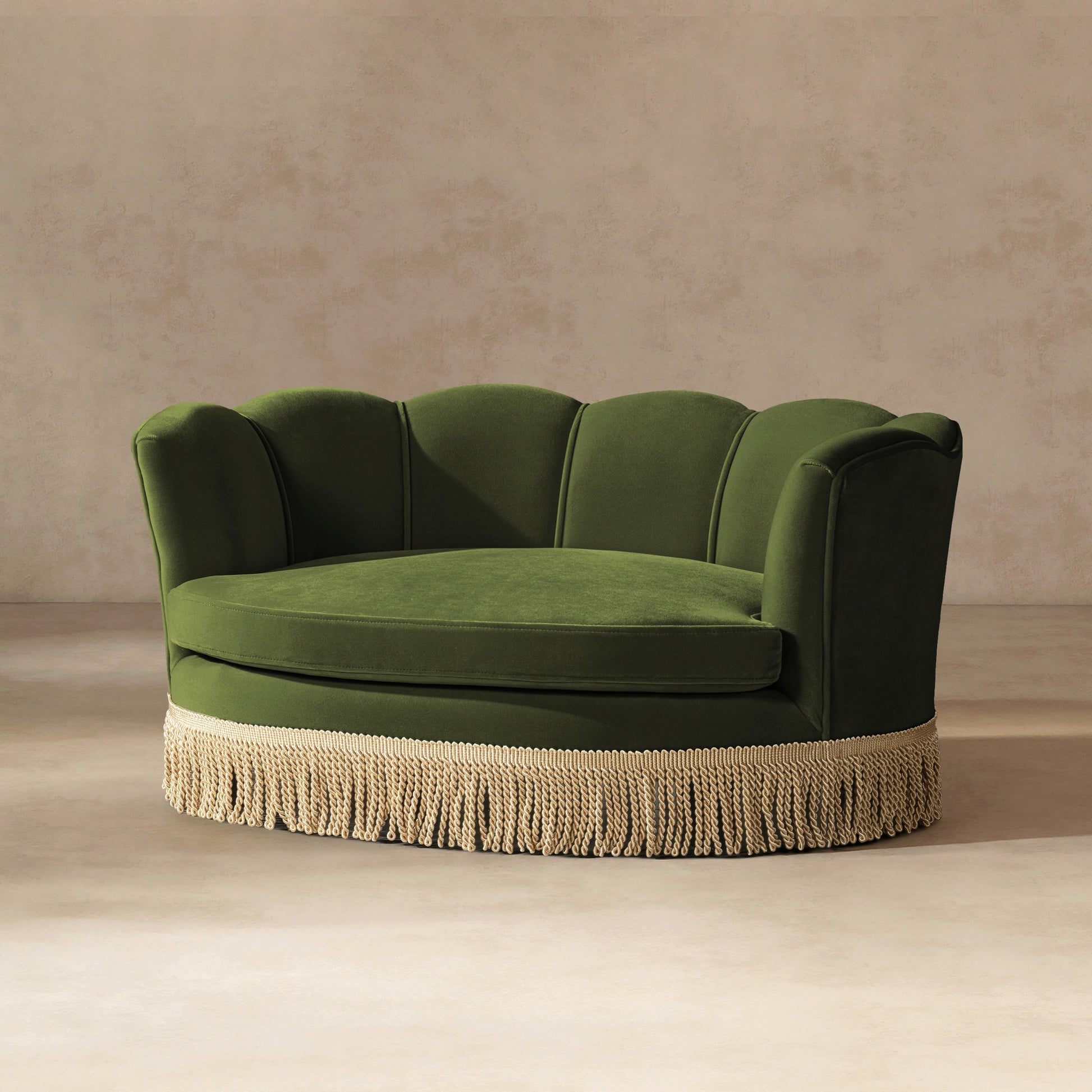 Clara 34.5in Scalloped Pet Sofa Bed Olive by HouseOfZazla, Medium velvet with fringe base on Tampa Home & Garden Store