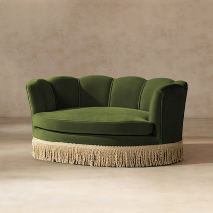 Clara 34.5in Scalloped Pet Sofa Bed Olive by HouseOfZazla, Medium velvet with fringe base on Tampa Home & Garden Store