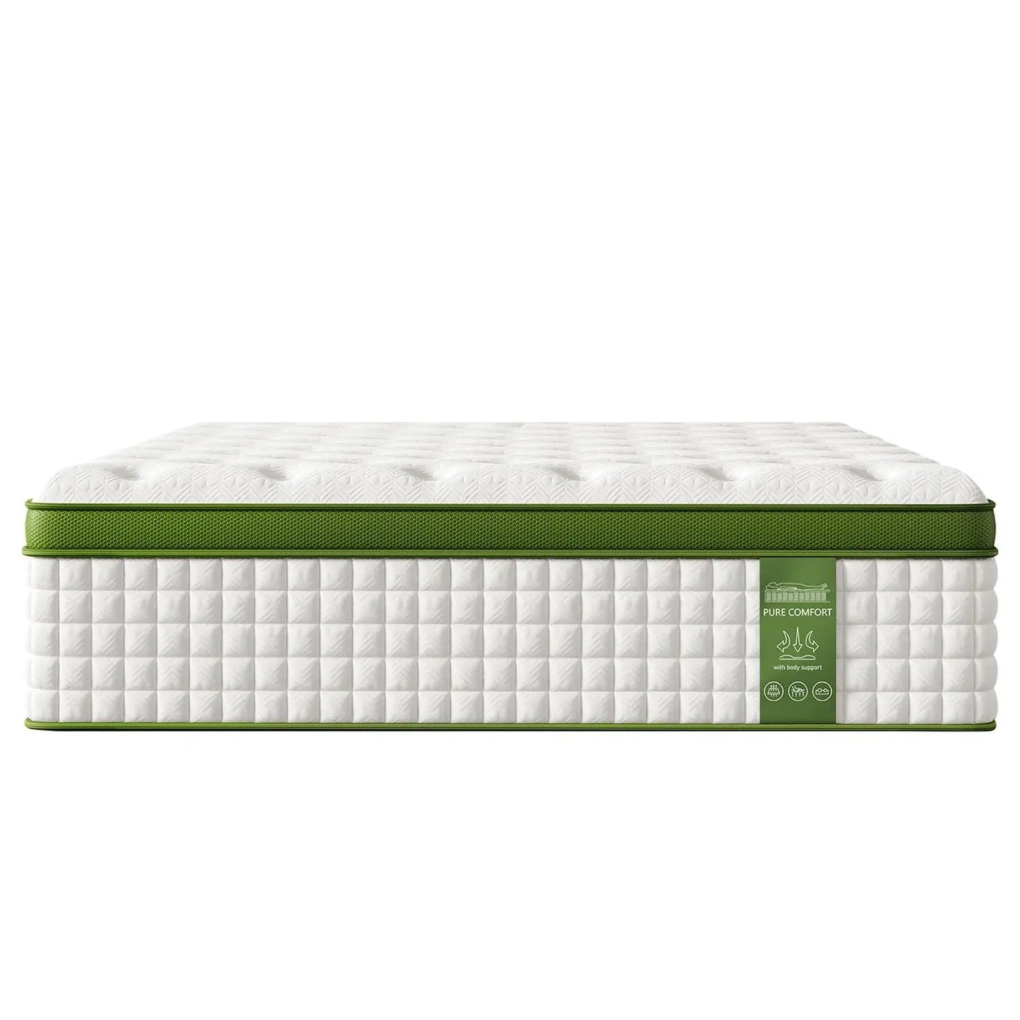 12in Hybrid Mattress with gel memory foam and pocket springs, white quilted cover, green edge on Tampa Home & Garden Store
