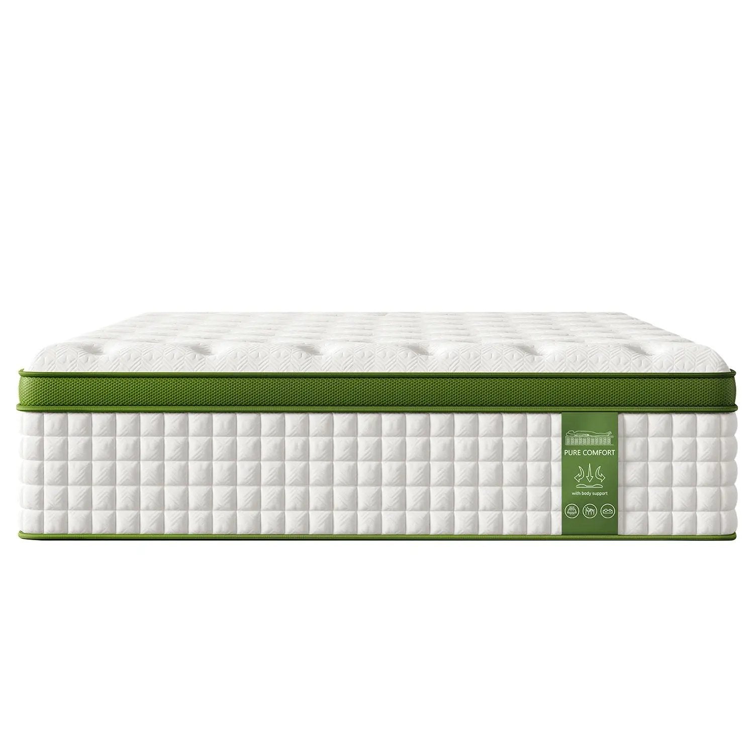 12in Hybrid Mattress with gel memory foam and pocket springs, white quilted cover, green edge on Tampa Home & Garden Store
