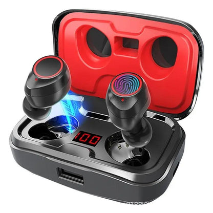 Simple Home Earbuds wireless Bluetooth headset by FLIPSTYLEZLLC in red charging case on Tampa Home & Garden Store
