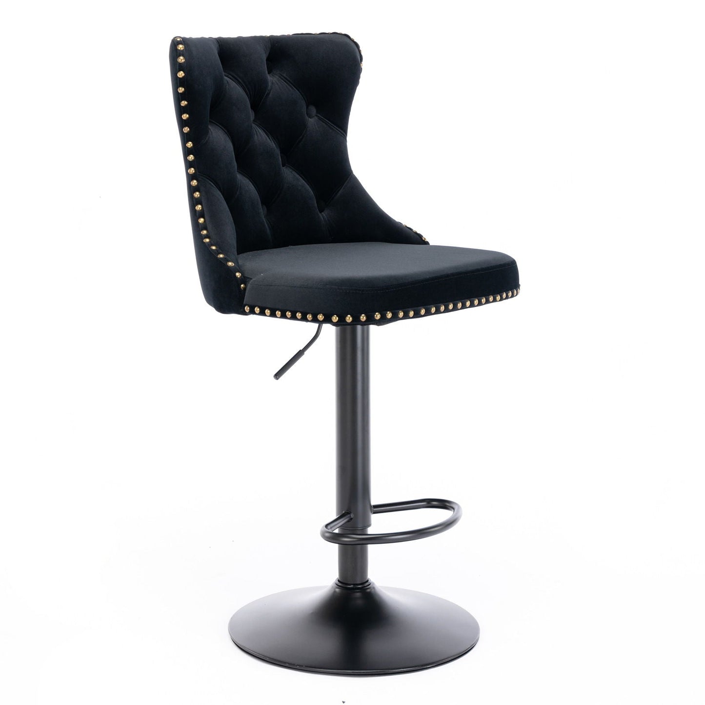 Swivel Bar Stools set of 2 with tufted black upholstery, adjustable height, brass stud trim on Tampa Home & Garden Store