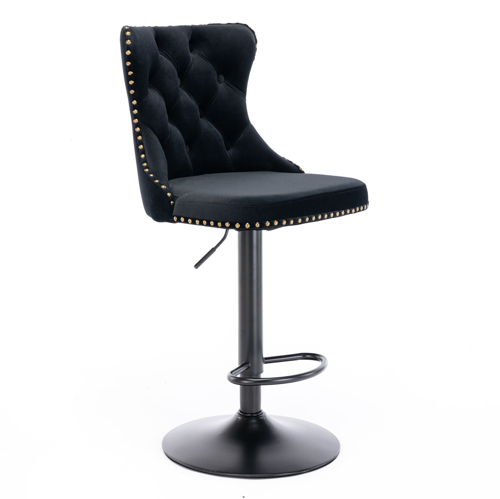 Swivel Bar Stools set of 2 with tufted black upholstery, adjustable height, brass stud trim on Tampa Home & Garden Store
