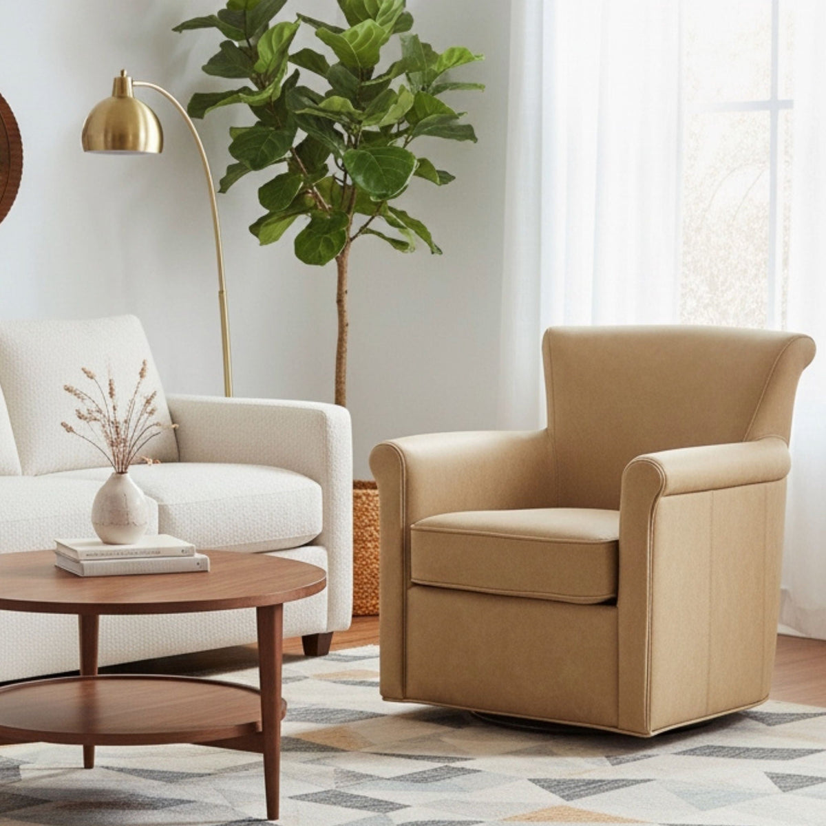 Westly Swivel Accent Chair with 360-degree base in tan by HouseOfZazla, two chairs on Tampa Home & Garden Store