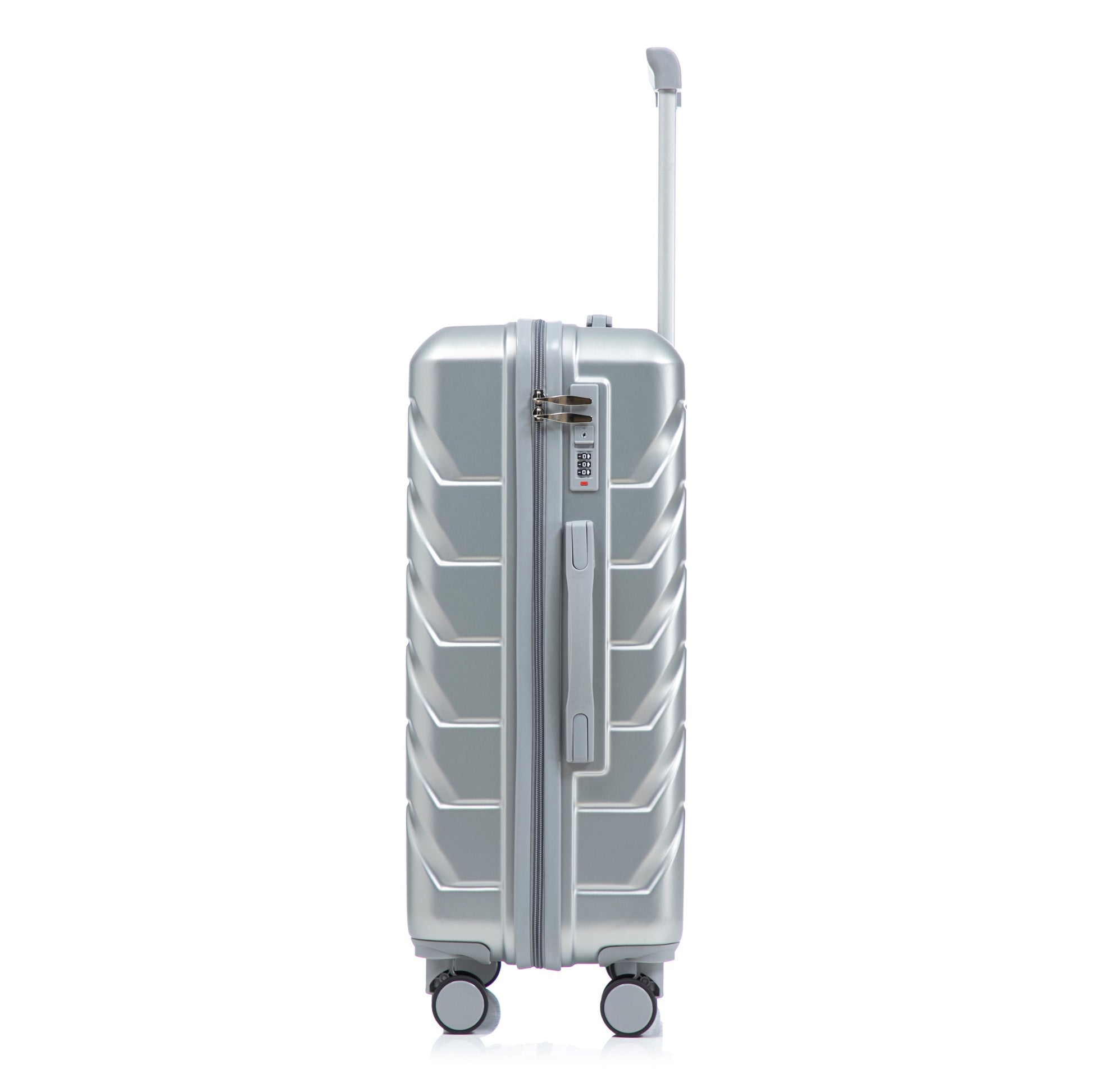Silver ABS spinner luggage with built-in combination lock, telescoping handle and 4 wheels on Tampa Home & Garden Store