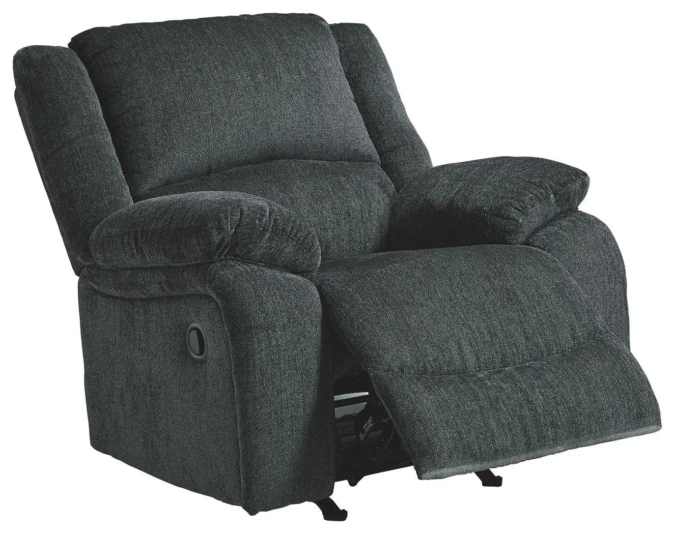 Draycoll Rocker Recliner, dark gray textured fabric, plush cushions with extended footrest on Tampa Home & Garden Store