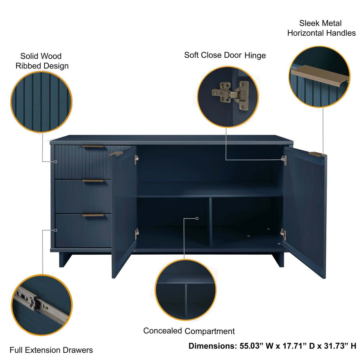 Granville Sideboard with Full Extension Drawers in blue finish by HouseOfZazla on Tampa Home & Garden Store