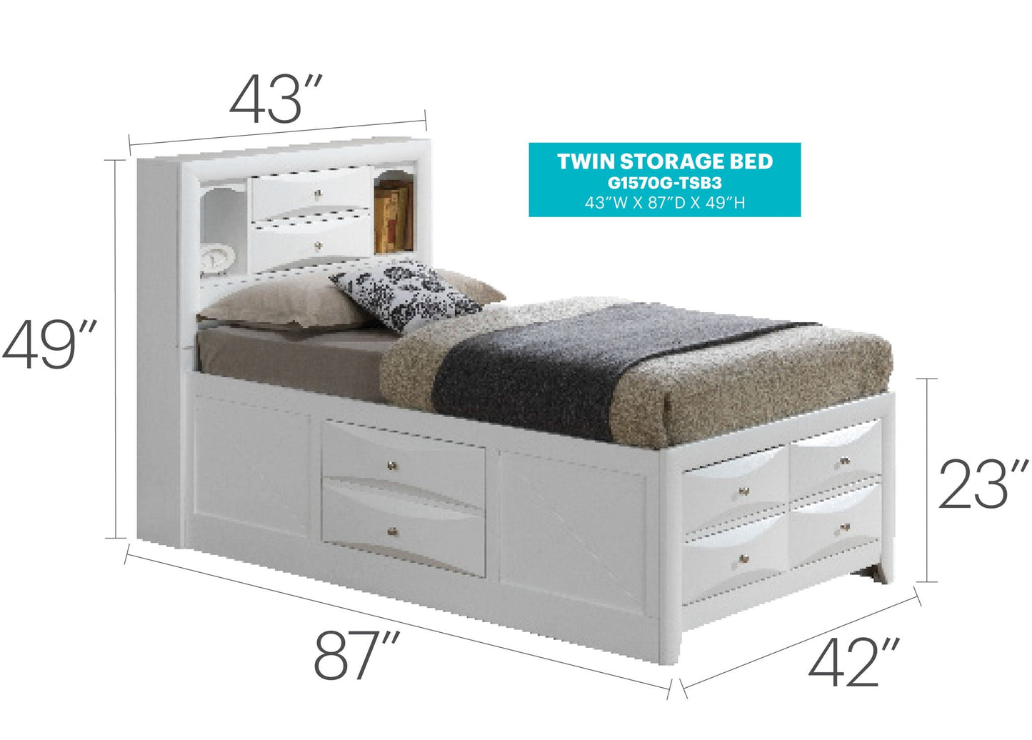 White twin storage bed with bookcase headboard and multiple under-bed drawers by HouseOfZazla on Tampa Home & Garden Store
