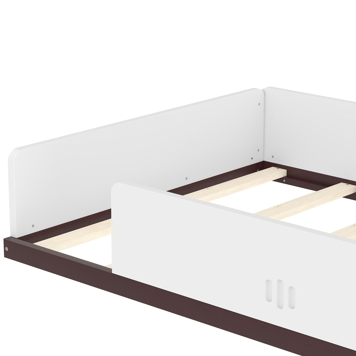 Twin size car-shaped floor bed frame in white with light pine slats and dark brown rails on Tampa Home & Garden Store
