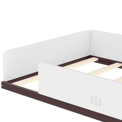 Twin size car-shaped floor bed frame in white with light pine slats and dark brown rails on Tampa Home & Garden Store