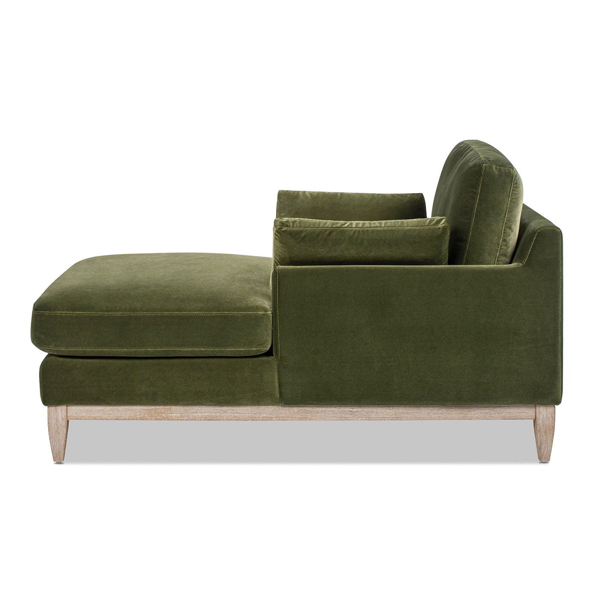 Olive green velvet chaise lounge chair with sustainable rubberwood base, modern farmhouse on Tampa Home & Garden Store