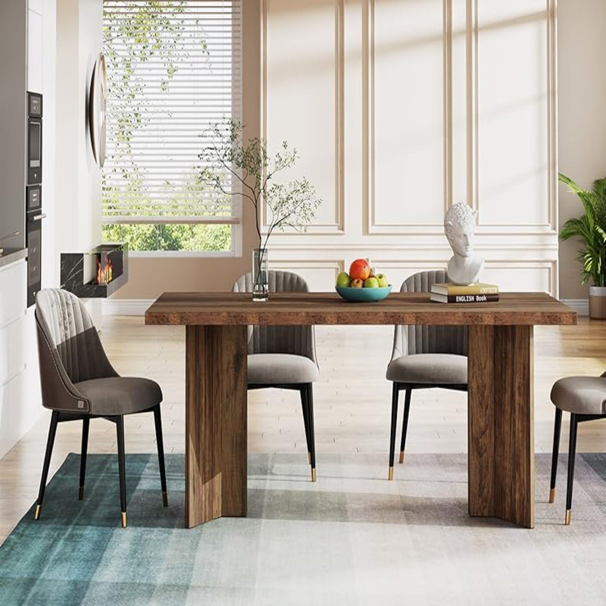 Dining table for 4-6 with a thick wood top in warm brown with gray upholstered chairs on Tampa Home & Garden Store