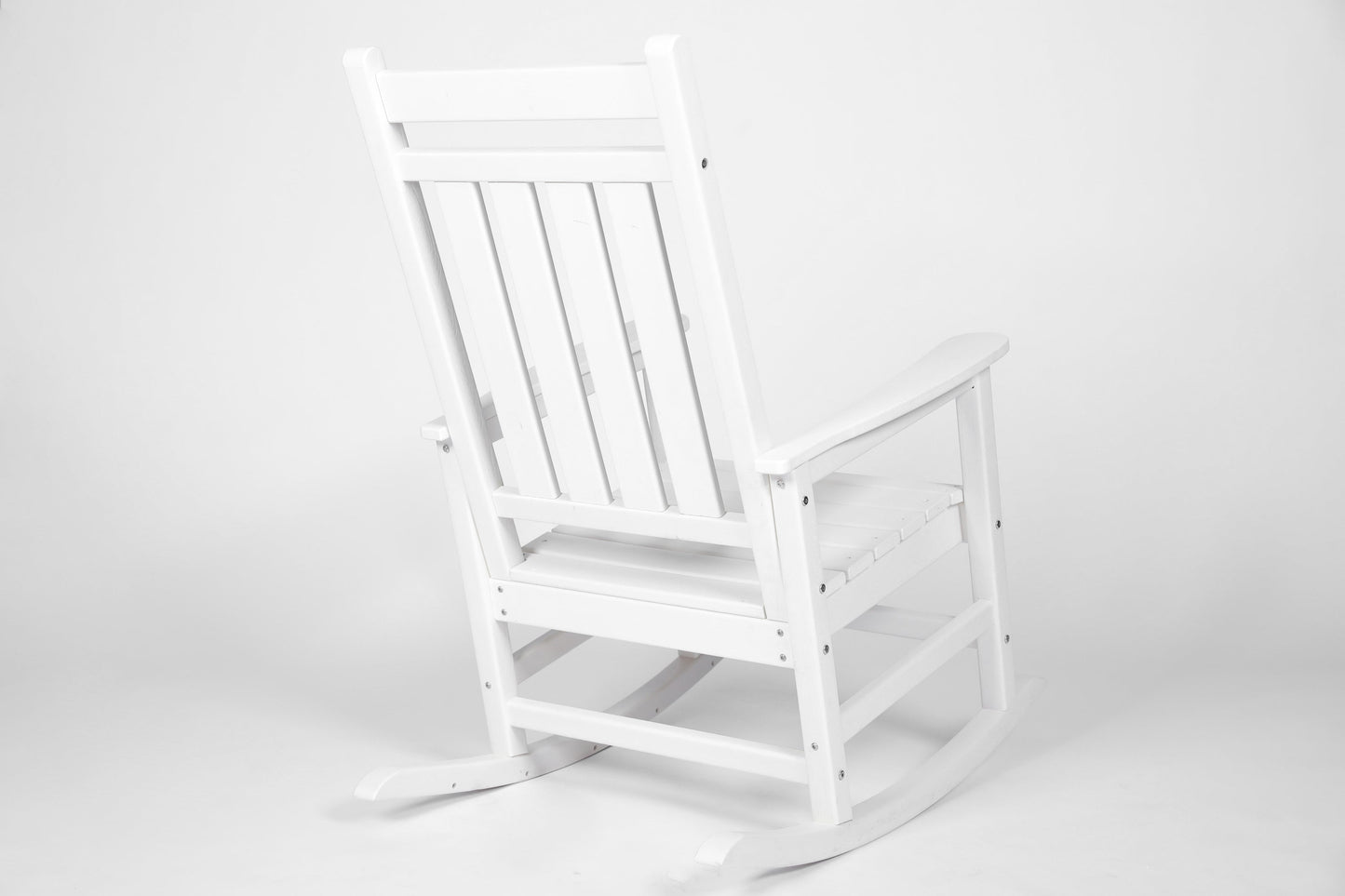 Oversized white rocking chair with wood-textured slats for outdoor use on Tampa Home & Garden Store