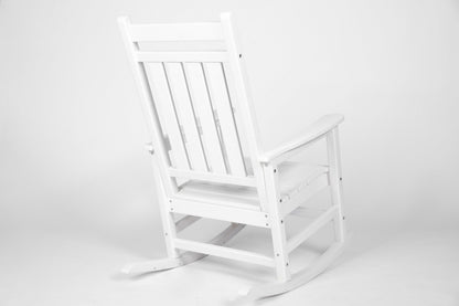 Oversized white rocking chair with wood-textured slats for outdoor use on Tampa Home & Garden Store