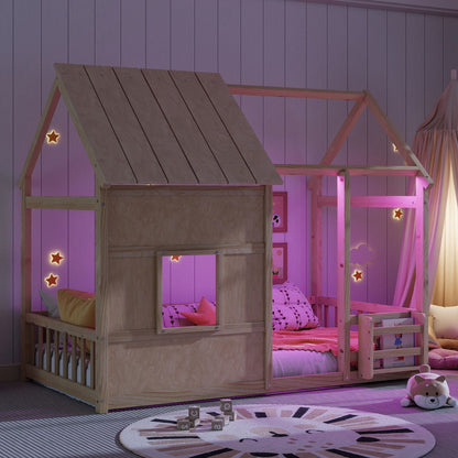Cozy House Kids Bed with Led Lights and Bookshelf