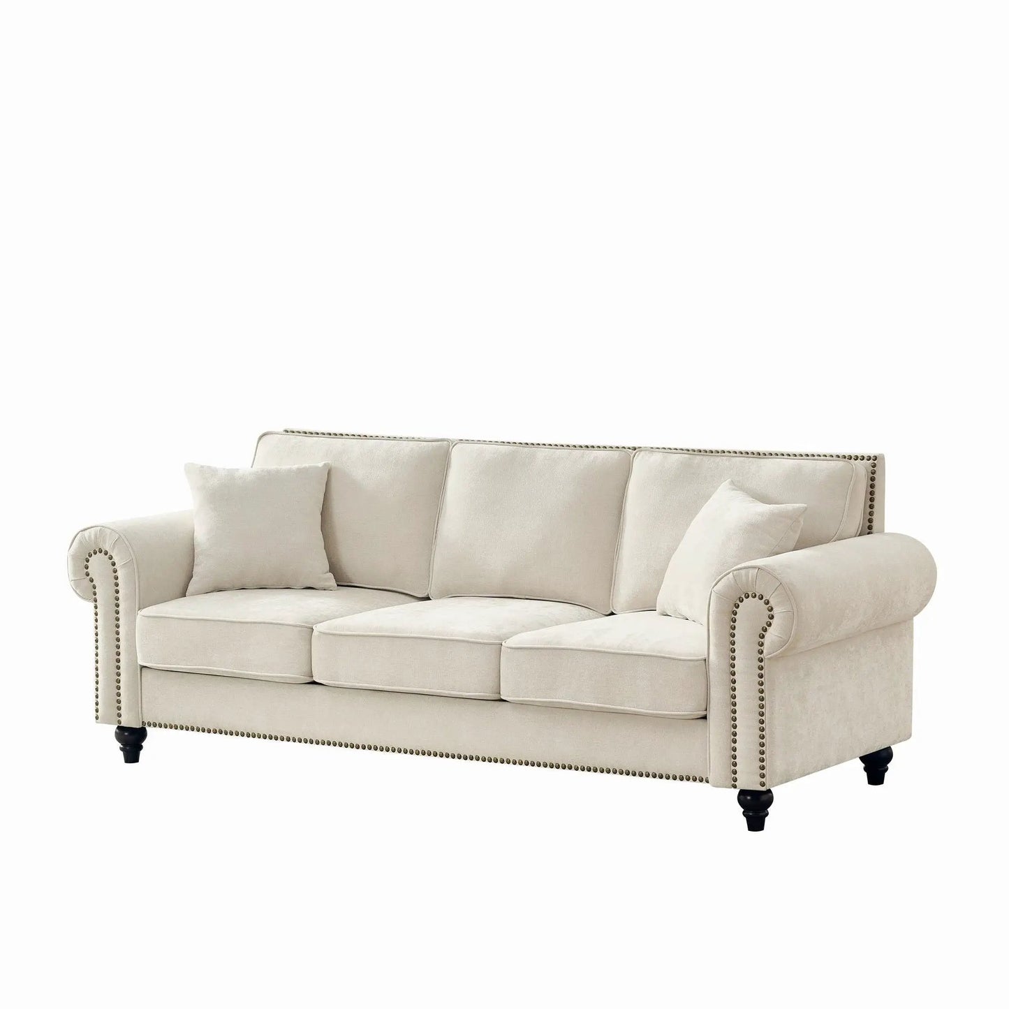 3 Seater Sofa with tufted upholstery, rolled arms, nailhead trim in beige fabric on Tampa Home & Garden Store