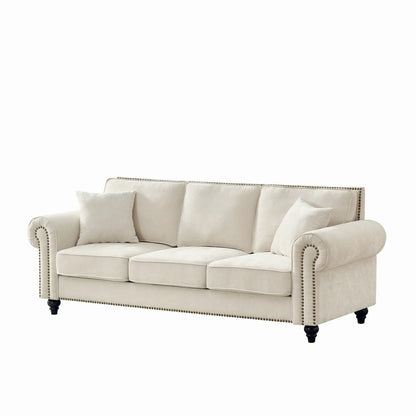 3 Seater Sofa with tufted upholstery, rolled arms, nailhead trim in beige fabric on Tampa Home & Garden Store