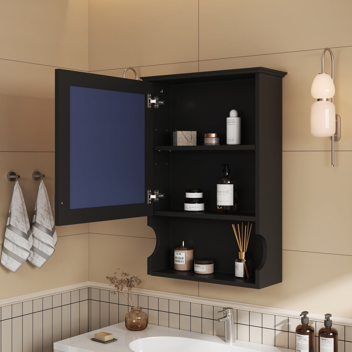 Wall mounted medicine cabinet with mirror and blue door, shelves with bottles in beige bathroom on Tampa Home & Garden Store