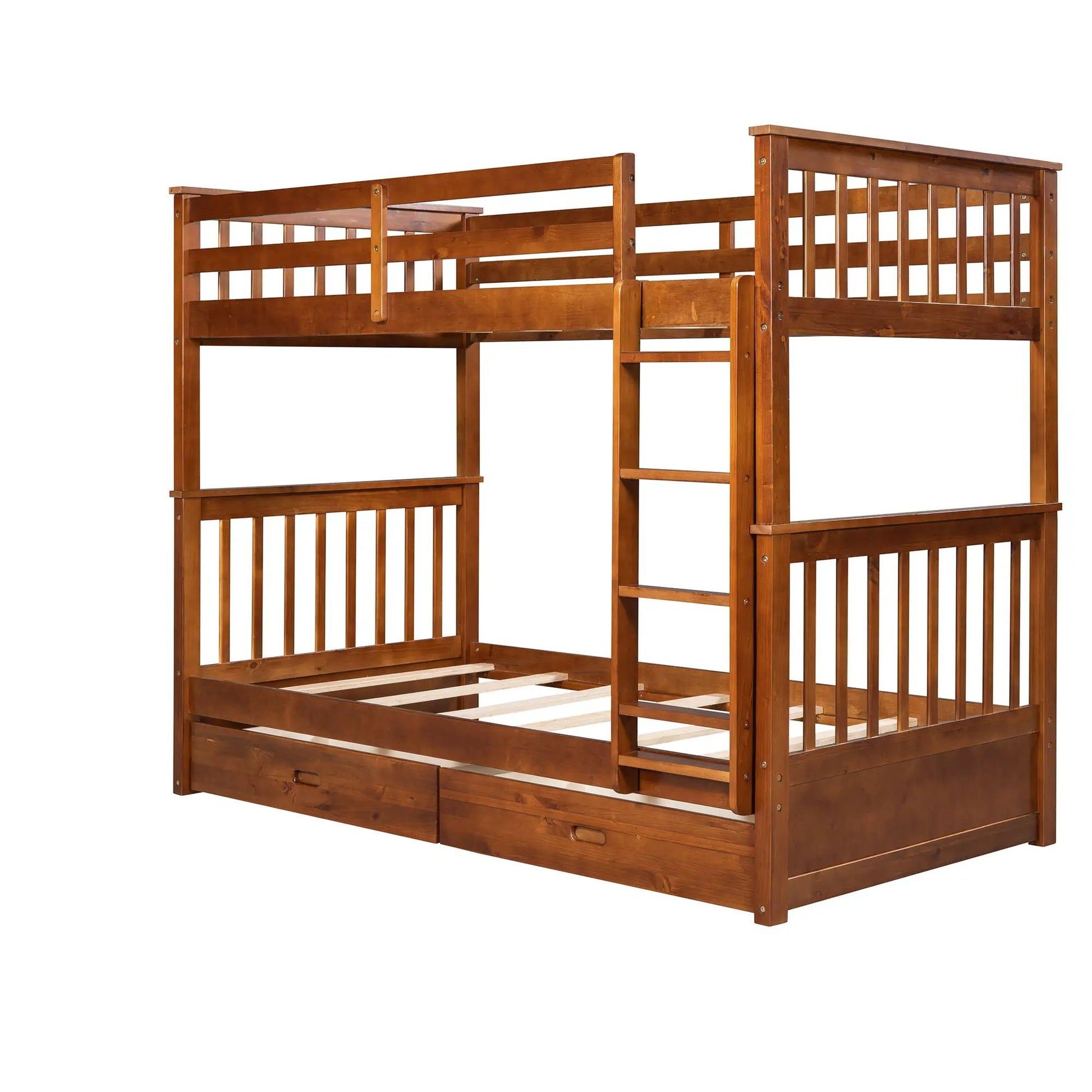 Bunk bed with ladders and 2 storage drawers in warm brown wood finish, sturdy wooden frame on Tampa Home & Garden Store