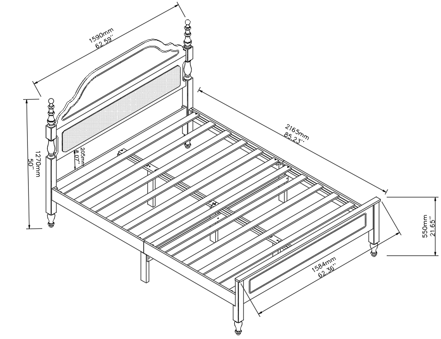 Queen bed frame with padded headboard insert, slatted base, ornate posts in blueprint style on Tampa Home & Garden Store