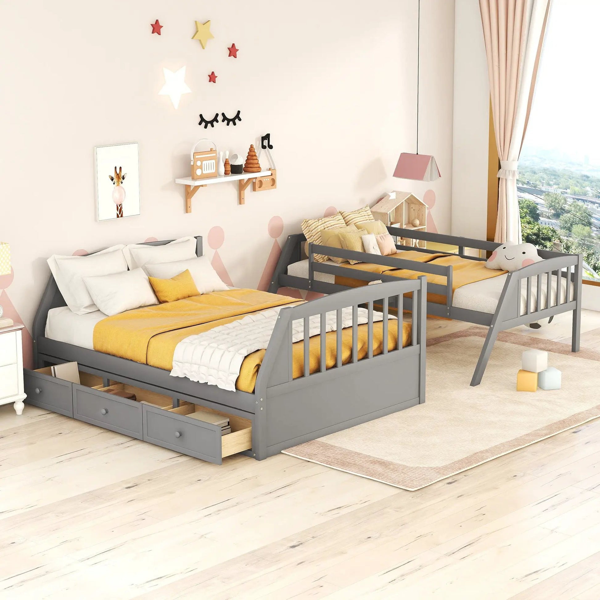 Gray bunk bed with drawers under, storage stairs and ladder in a kid's room with yellow bedding on Tampa Home & Garden Store