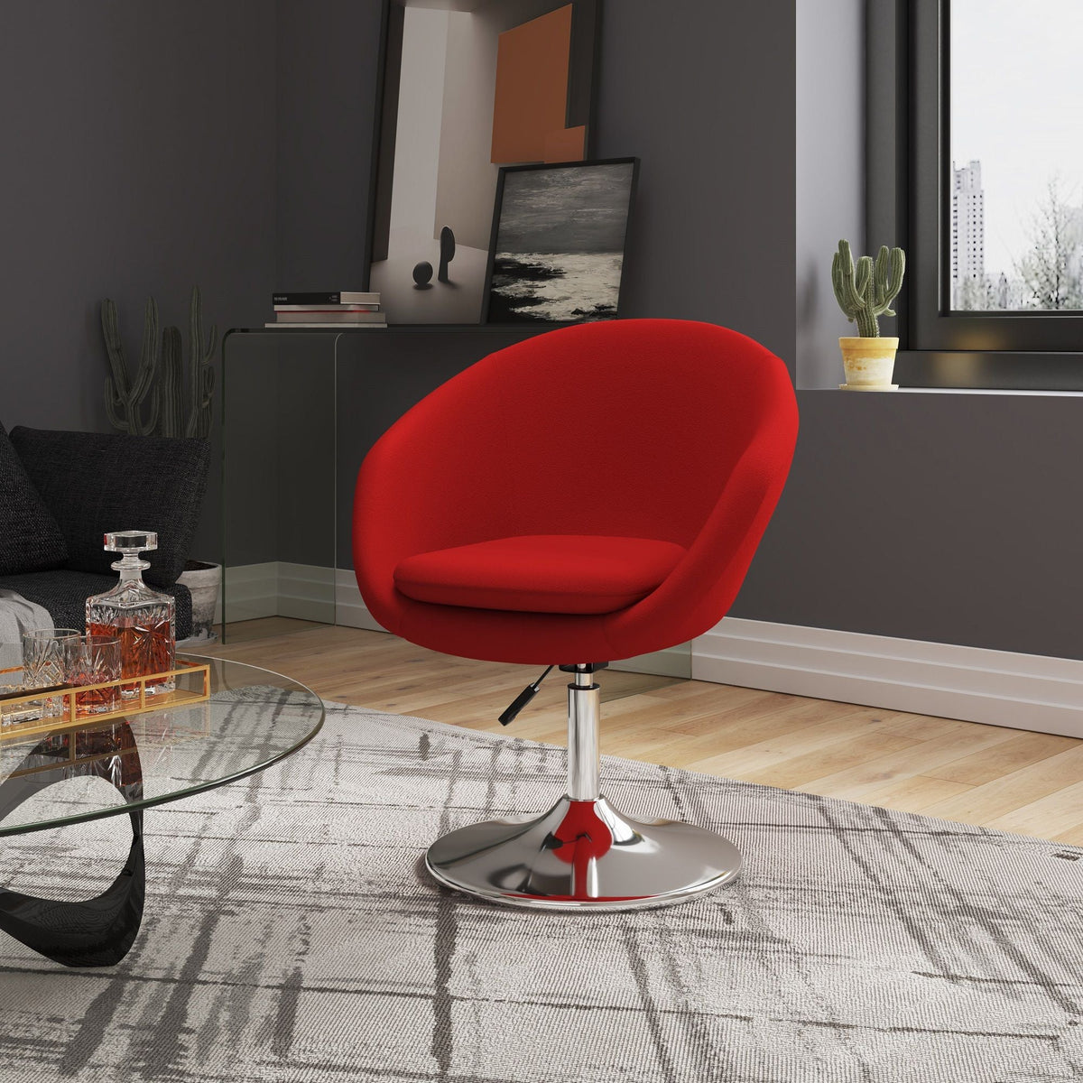 Upholstered Swivel Lounge Chair with Adjustable Height - Red, chrome pedestal base in a modern living room on Tampa Home & Garden Store