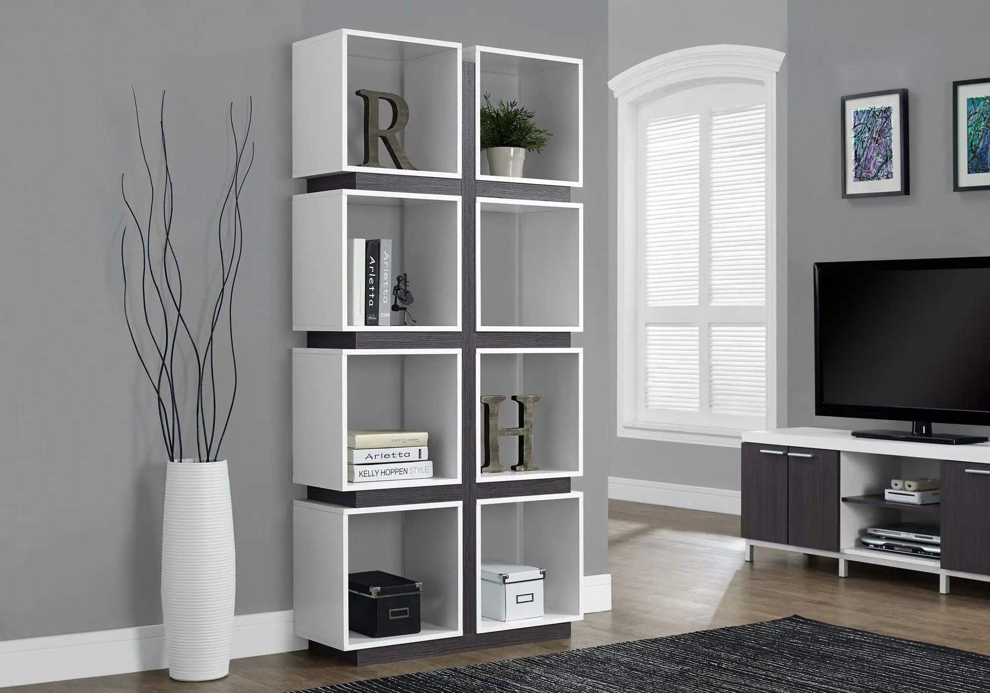 Etageres 5-tier white bookshelf with dark wood trim for office by Unique Piece Furniture on Tampa Home & Garden Store