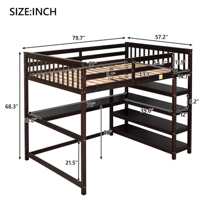 Loft bed with storage shelves and under-bed desk in dark wood by HouseOfZazla on Tampa Home & Garden Store