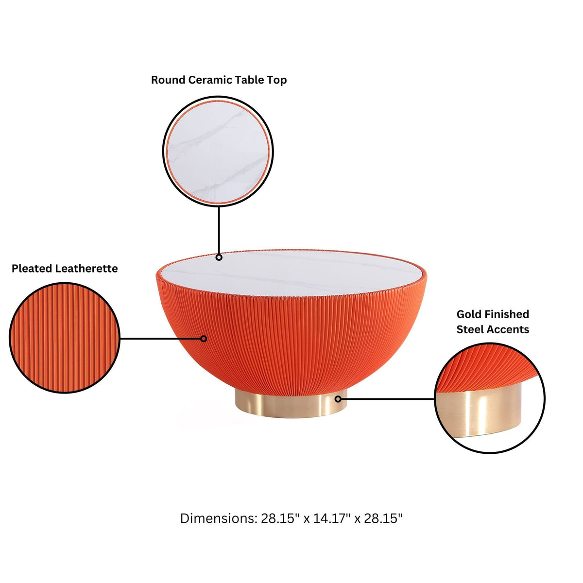 Anderson Round Coffee Table with Sintered Stone white orange leatherette base HouseOfZazla on Tampa Home & Garden Store