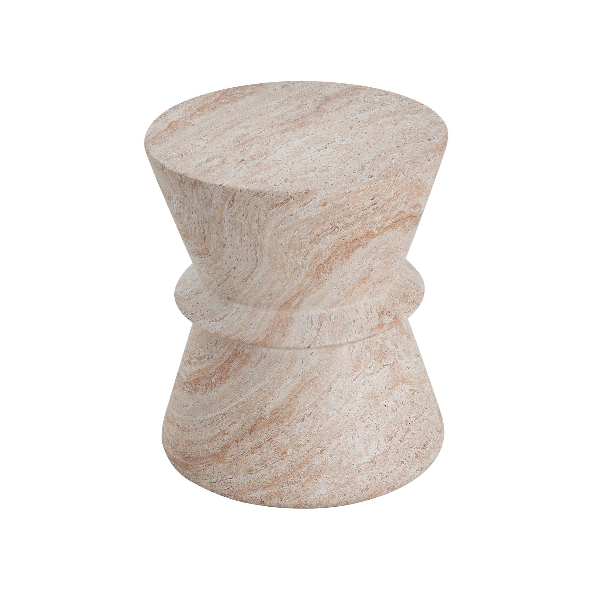 Outdoor beige travertine round top side table by HouseOfZazla with sculpted pedestal base on Tampa Home & Garden Store