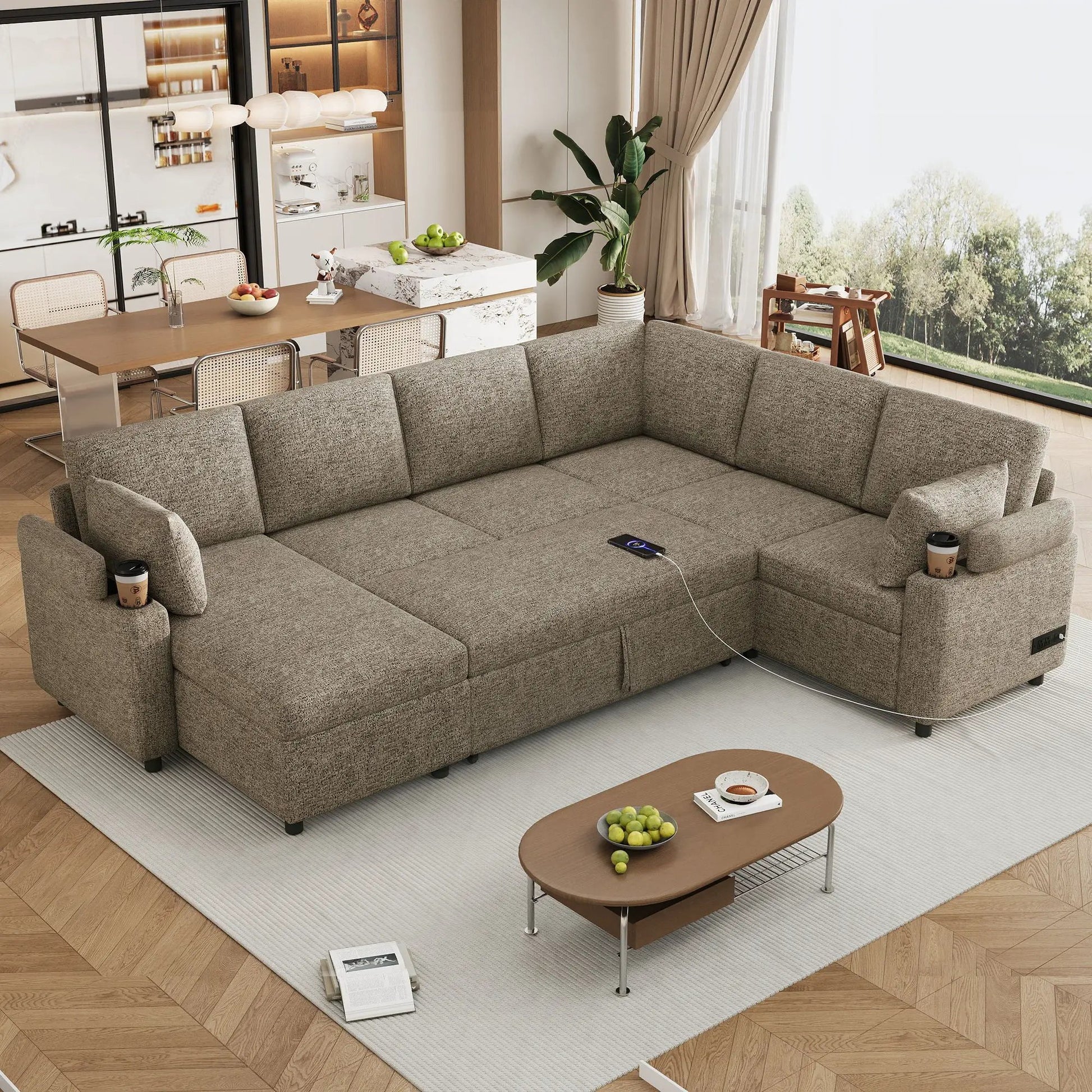 U-shaped sectional sofa bed in brown fabric with storage chaise and charging ports on Tampa Home & Garden Store