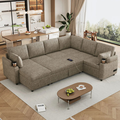 U-shaped sectional sofa bed in brown fabric with storage chaise and charging ports on Tampa Home & Garden Store