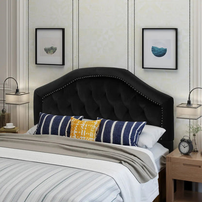 Kaarina Tufted Fabric Headboard by HouseOfZazla, black upholstered headboard with nailhead trim on Tampa Home & Garden Store
