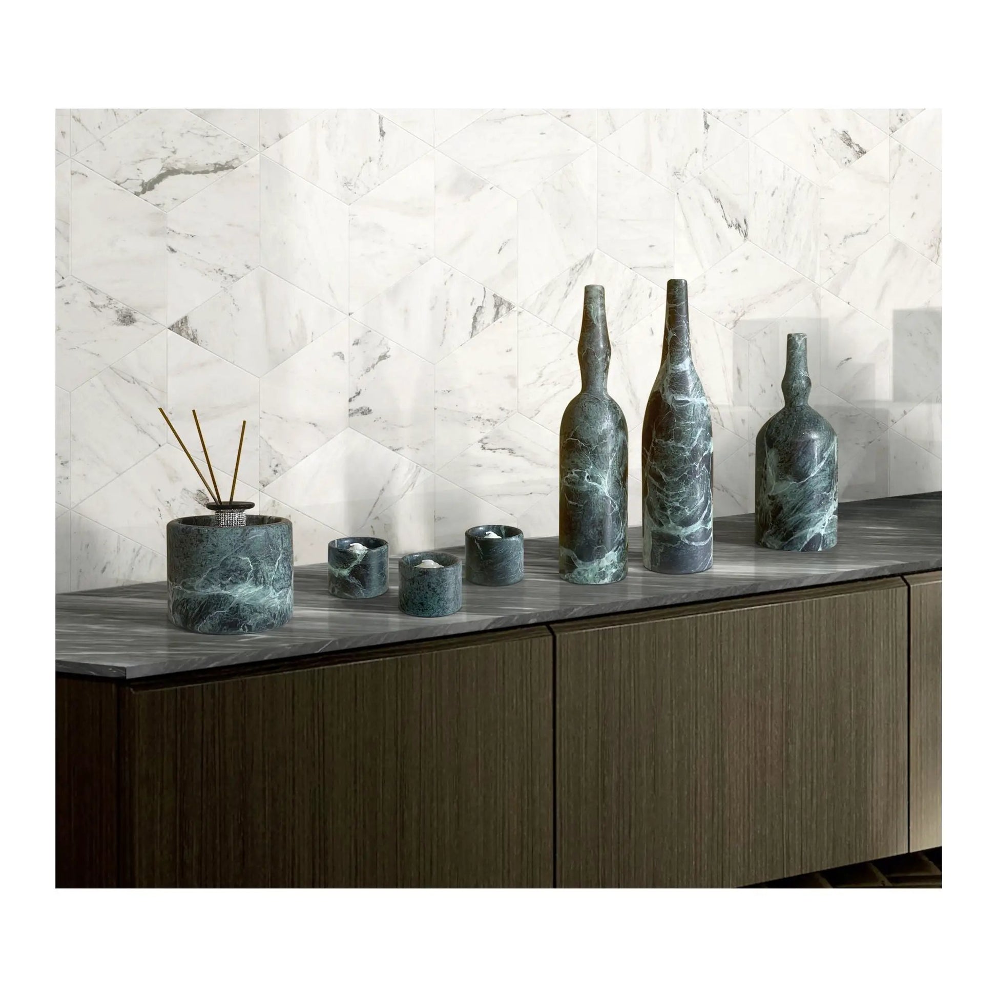 7-Piece Luxury Natural Marble Living Room Accessories Set by Unique Piece Furniture with green marble vases on wood console on Tampa Home & Garden Store