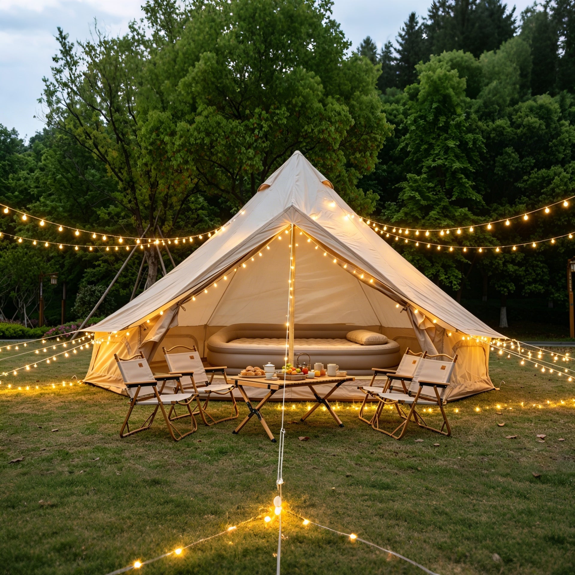 Oxford Bell Tent 13.1ft GemGear with stove jack in beige canvas, dining under lights on Tampa Home & Garden Store