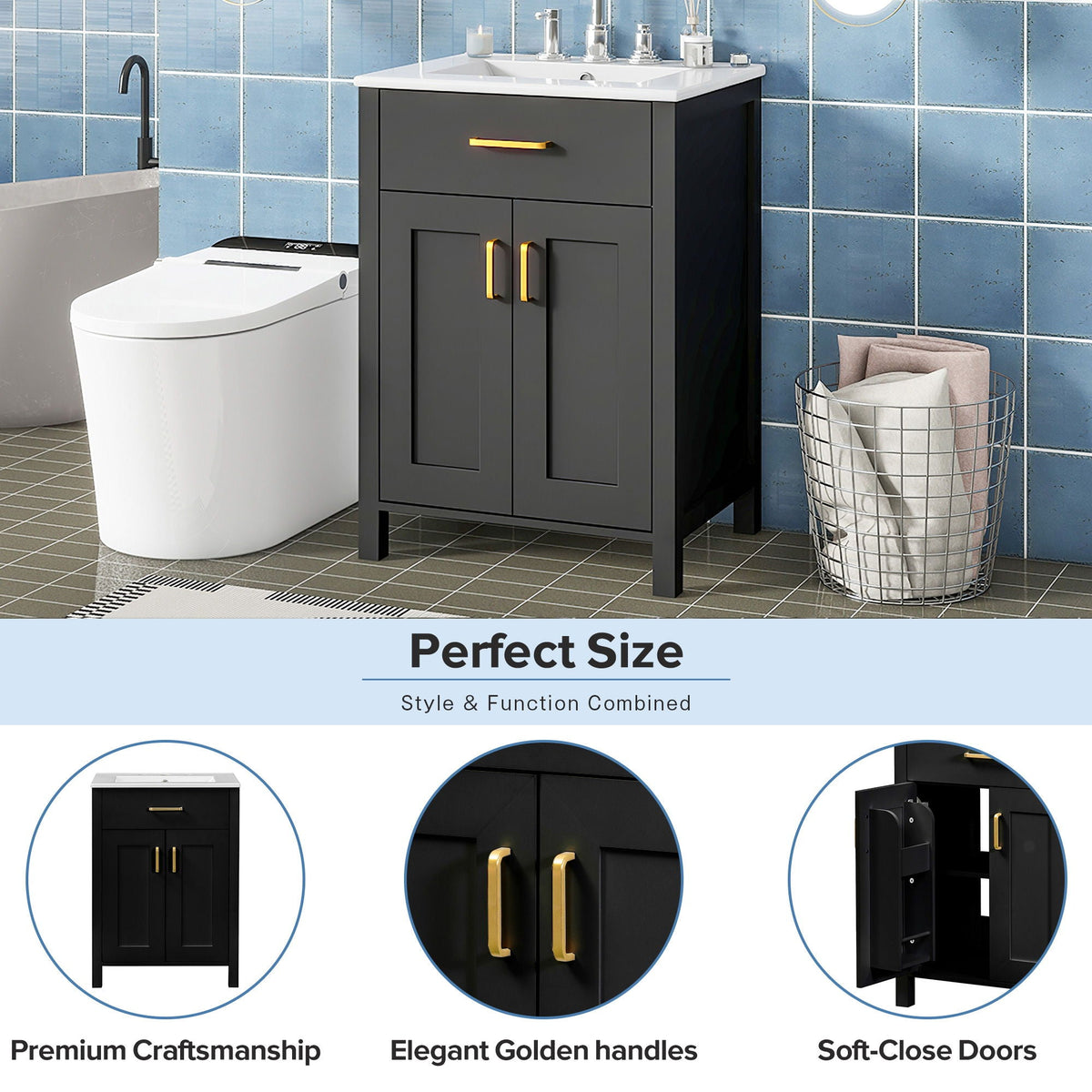 HouseOfZazla modern bathroom vanity with dark gray cabinet white countertop gold handles on Tampa Home & Garden Store