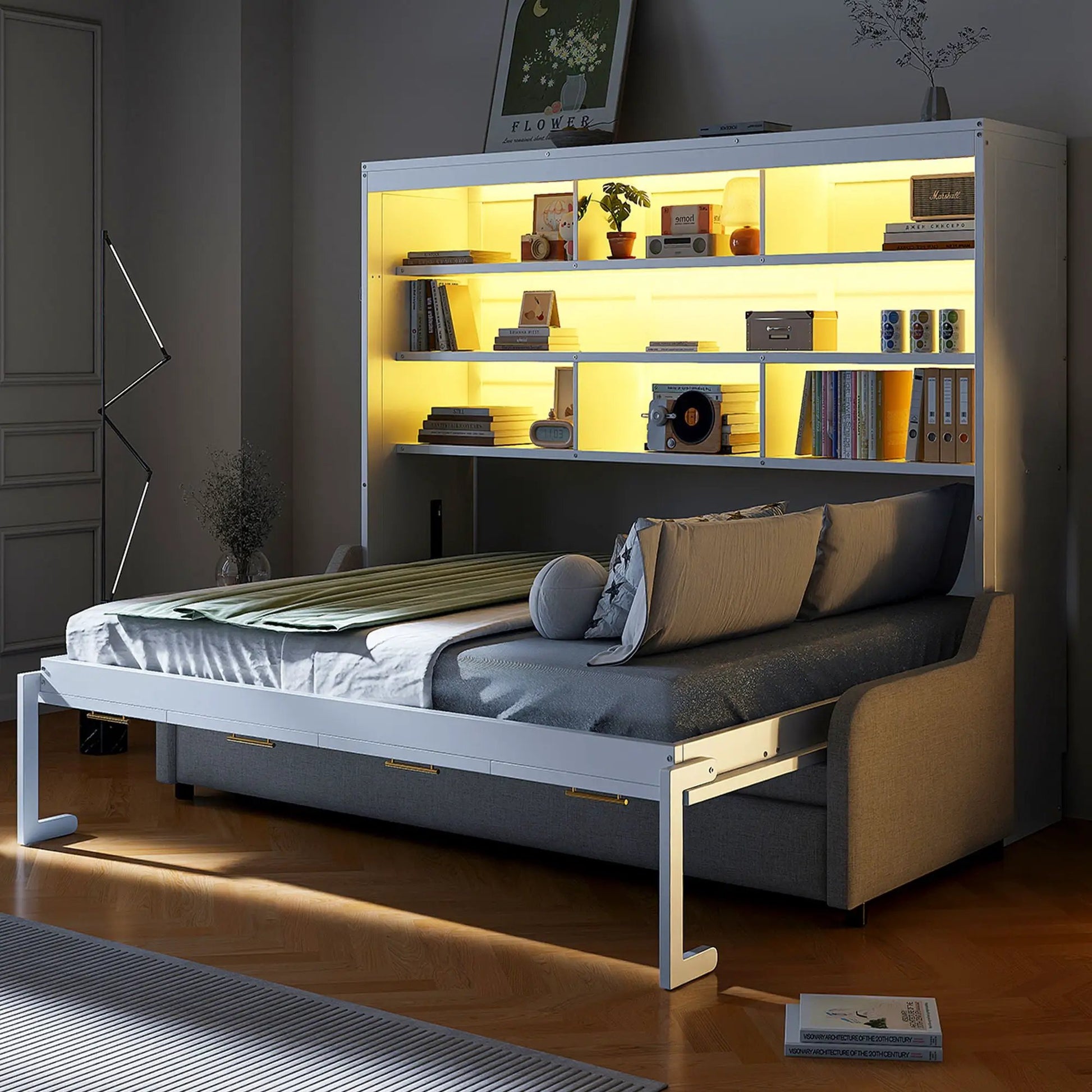 Murphy cabinet bed with folding sofa, white frame, built-in shelves and LED lighting on Tampa Home & Garden Store