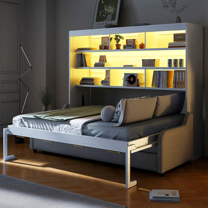 Murphy cabinet bed with folding sofa, white frame, built-in shelves and LED lighting on Tampa Home & Garden Store