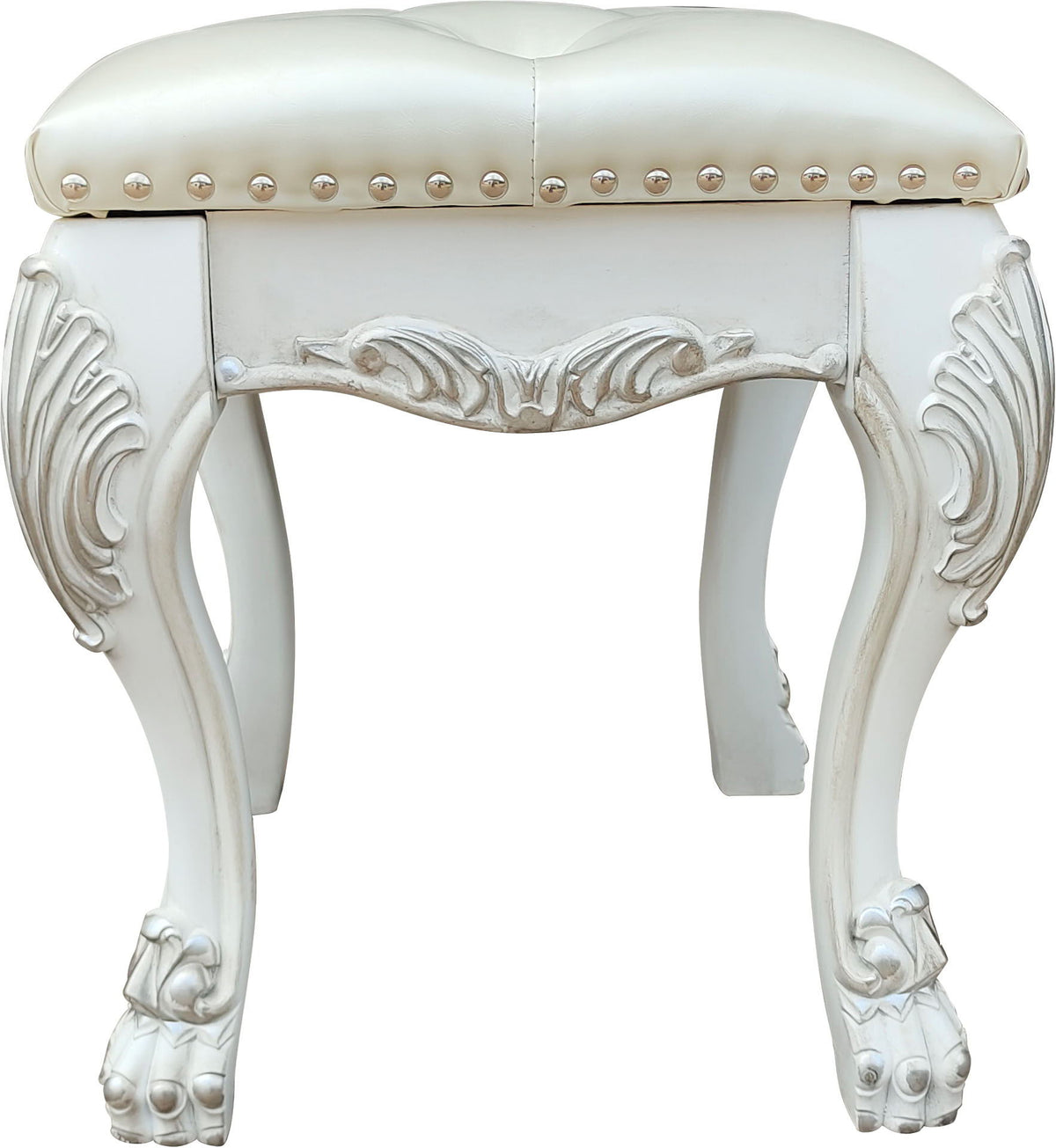 Bone white vanity stool with foam-padded PU leather seat and carved legs HouseOfZazla on Tampa Home & Garden Store
