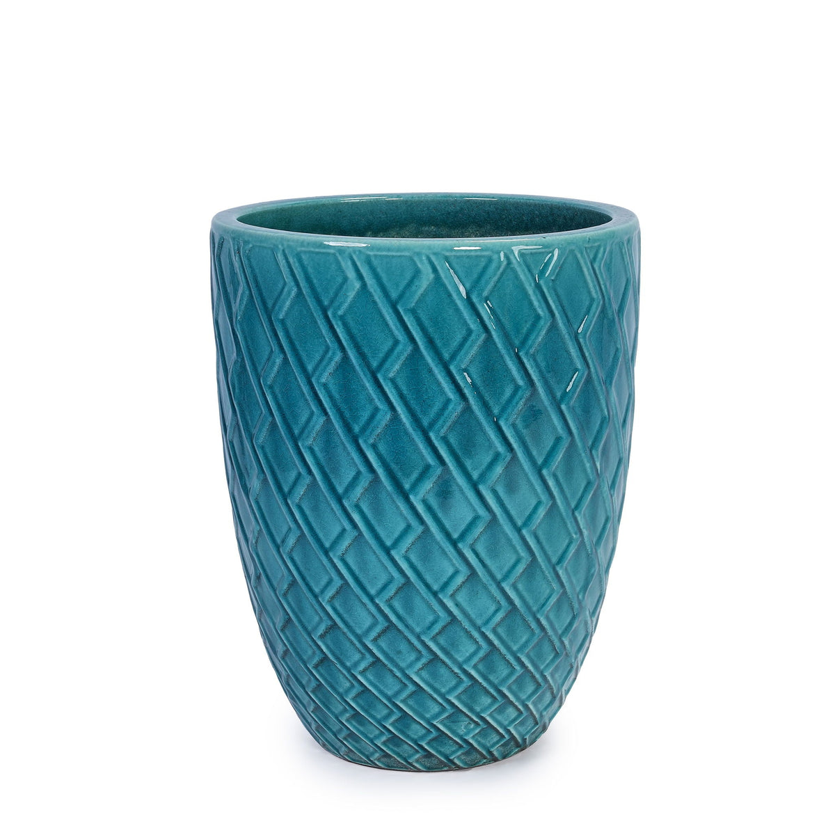 Ceramic flowerpot planter teal glazed with diagonal geometric texture HouseOfZazla on Tampa Home & Garden Store