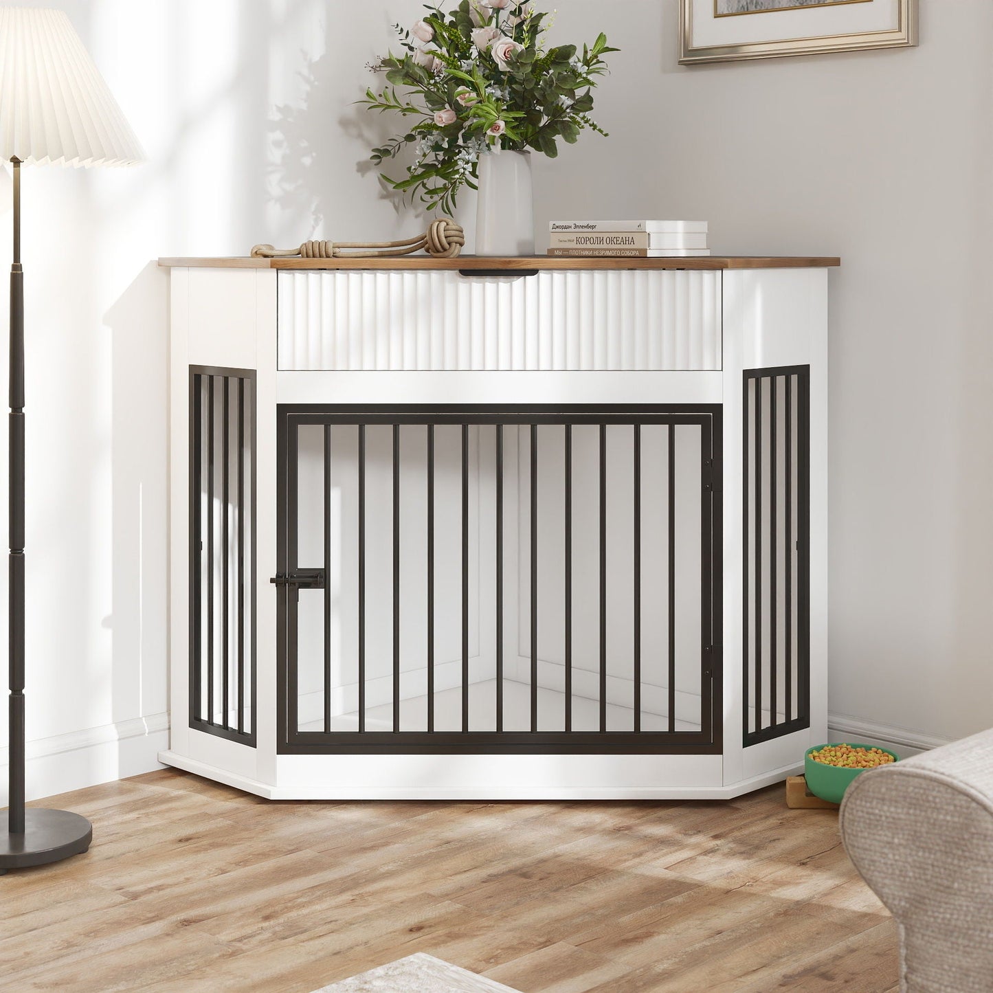 Corner Dog Crate by HouseOfZazla in a white cabinet with black metal bars on Tampa Home & Garden Store
