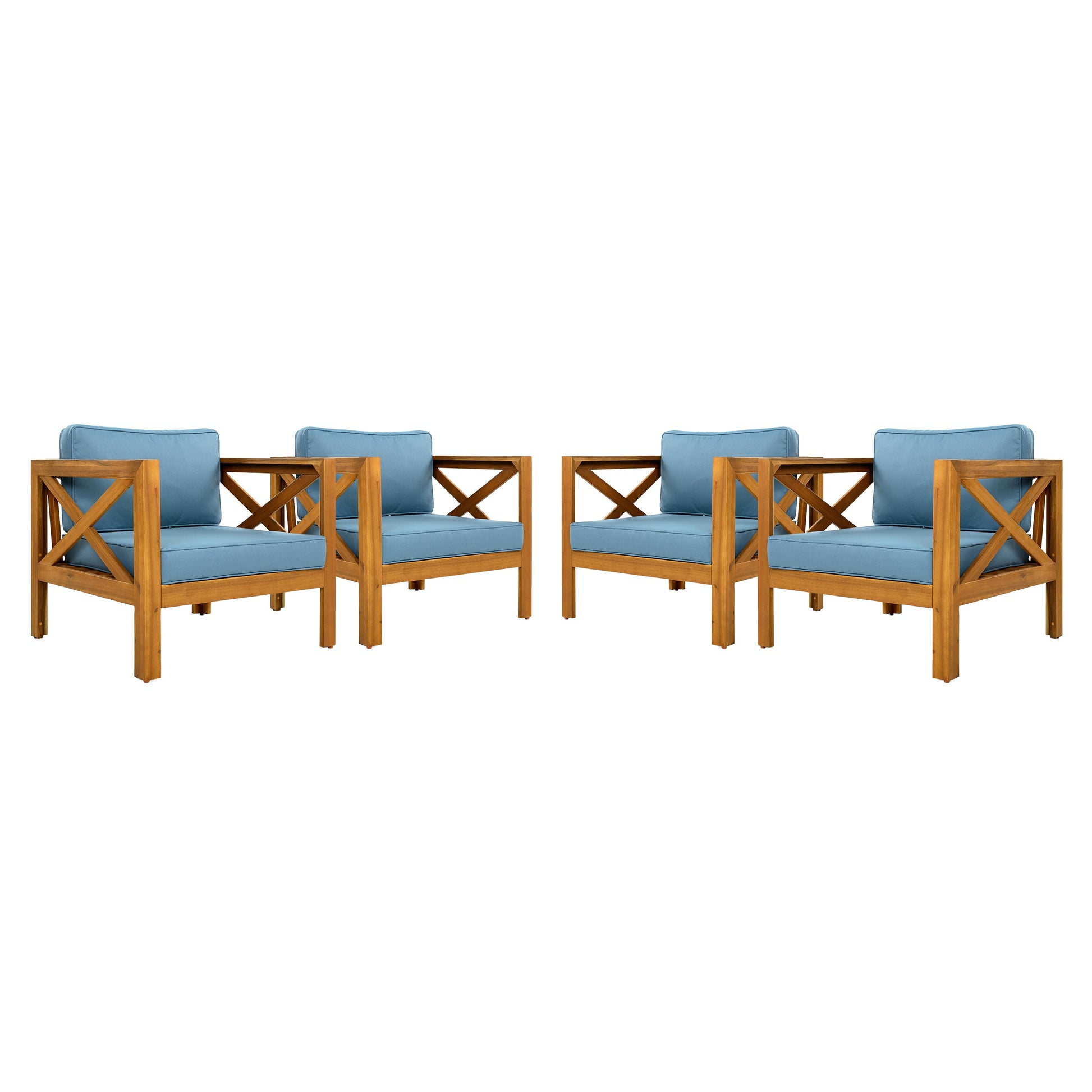 Outdoor acacia wood club armchairs with blue cushions, set of 4, HouseOfZazla on Tampa Home & Garden Store