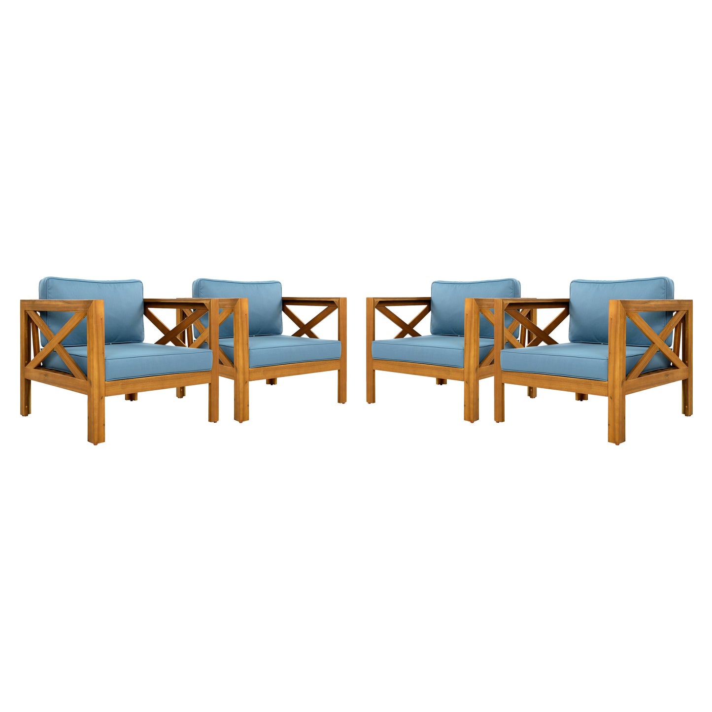Four Outdoor Acacia Wood Club and Patio Chairs