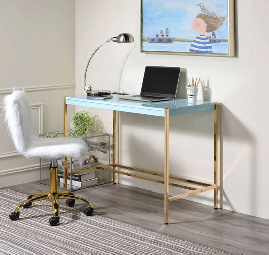 Midriaks Writing Desk With USB by Unique Piece Furniture, light blue glass top, gold legs on Tampa Home & Garden Store