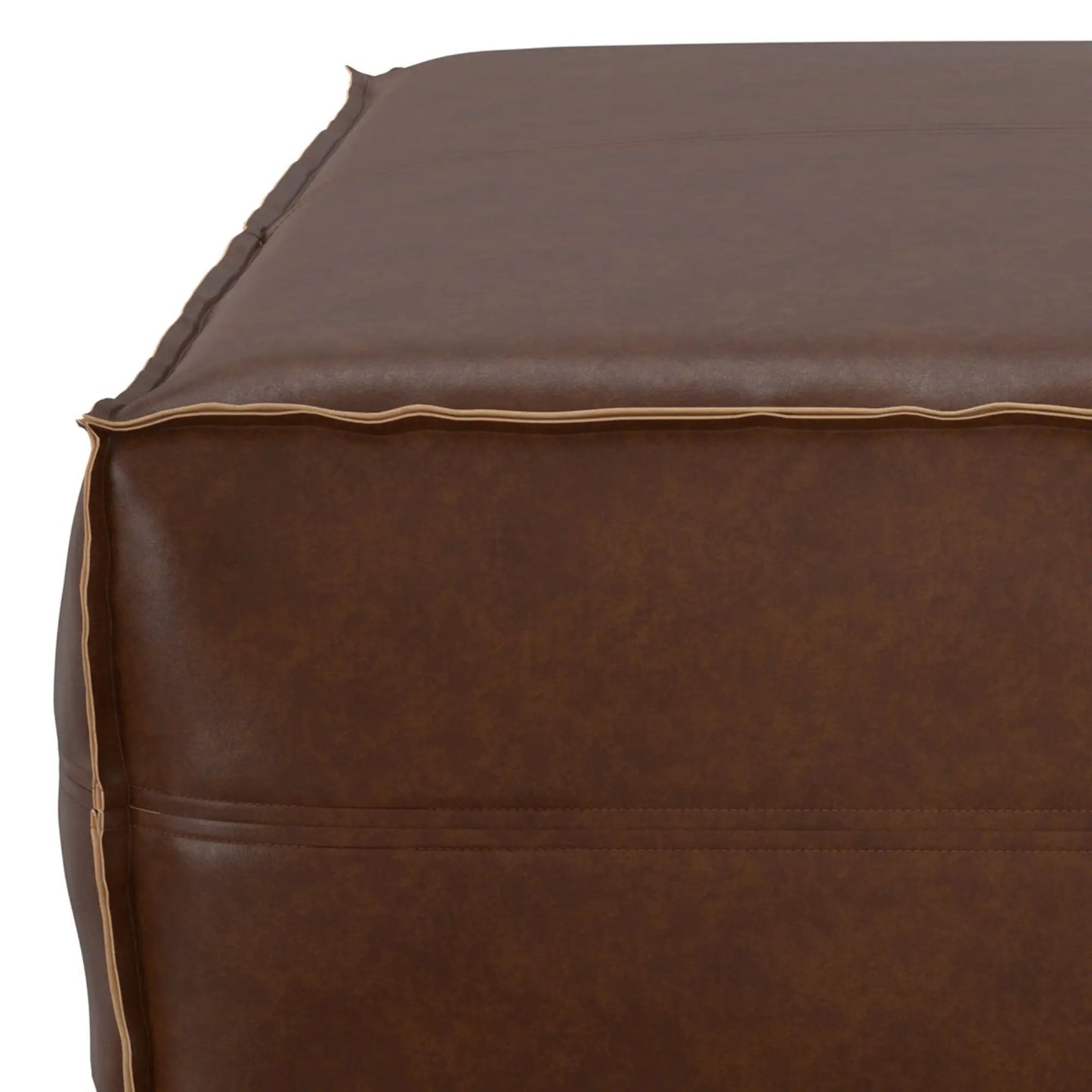 Brody large square coffee table pouf in brown leather with tan piping on Tampa Home & Garden Store