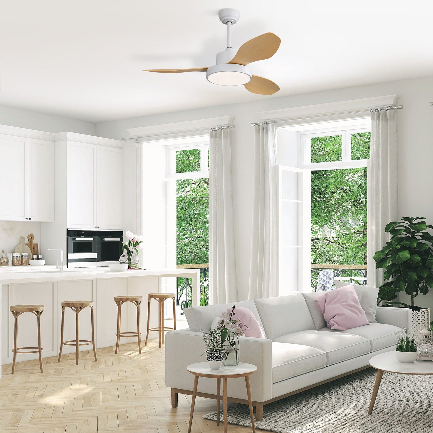 Ceiling fan HouseOfZazla with 22W LED light, white finish, remote control, 3 wood blades on Tampa Home & Garden Store