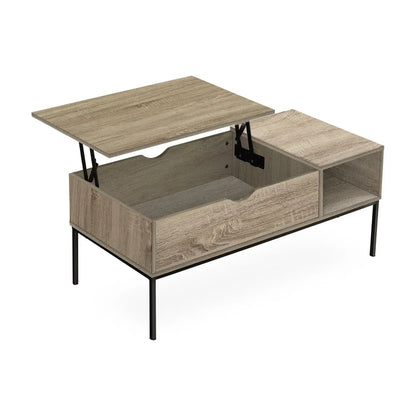 Rectangular lift-top coffee table with storage, light oak finish, slender black metal legs on Tampa Home & Garden Store